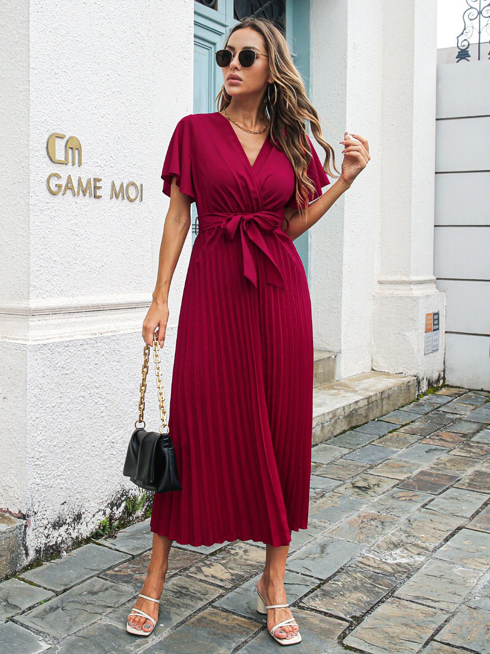 Spring Summer Casual Lotus Leaf Sleeves Lace - up Pleated Chiffon Maxi Dress - Sophinity