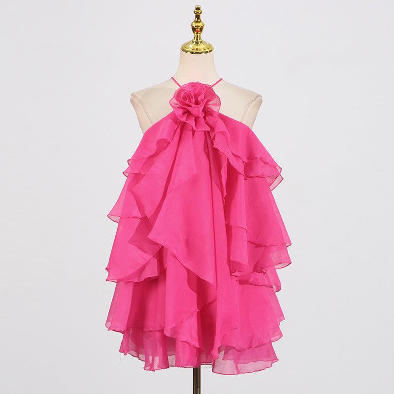 Halter Three-dimensional Flower Design Lace-up Sleeveless Dress - Sophinity