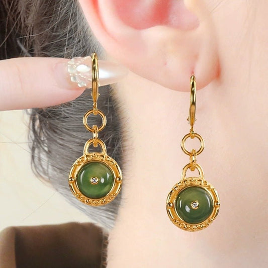 Natural Jade Peace Buckle Earrings For Women S925 Silver Long - Sophinity