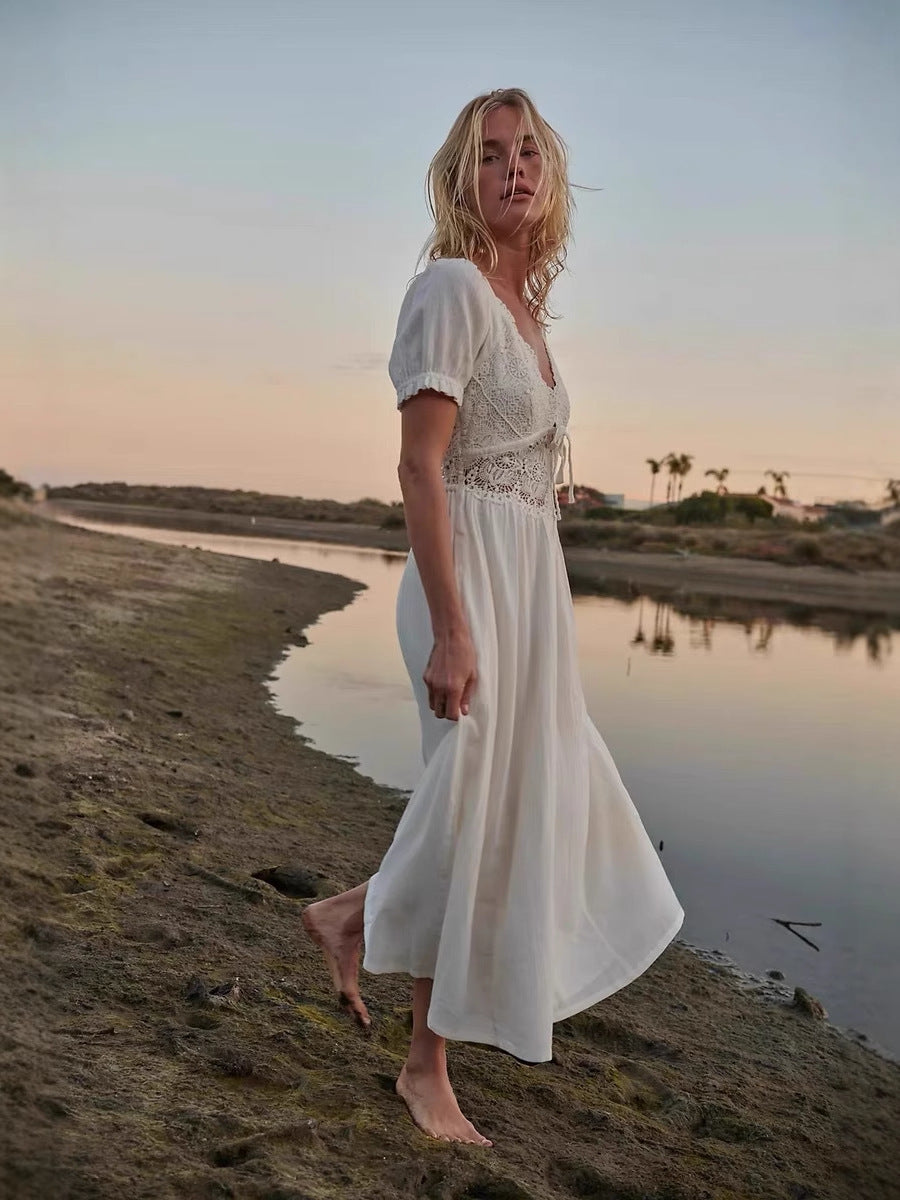 V-neck Lace Short Sleeved Pure Cotton Dress - Sophinity