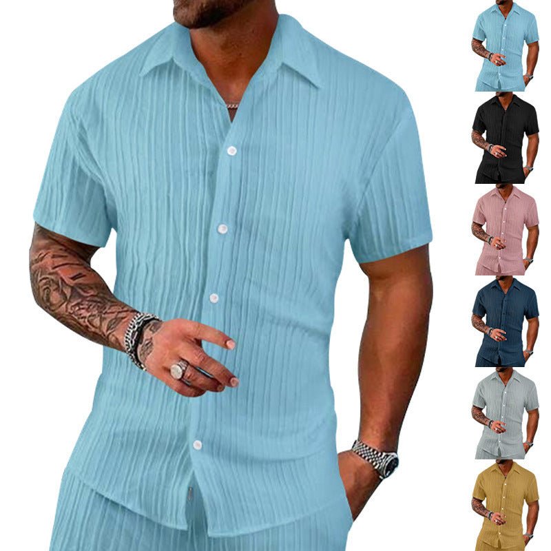 Polo Collar Solid Color Short Sleeve Button Men's Casual Loose Short Sleeves Shirt - Sophinity