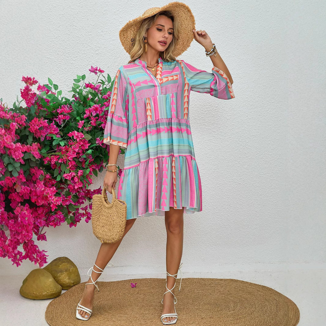 Spring And Autumn Print V-neck Dress - Sophinity
