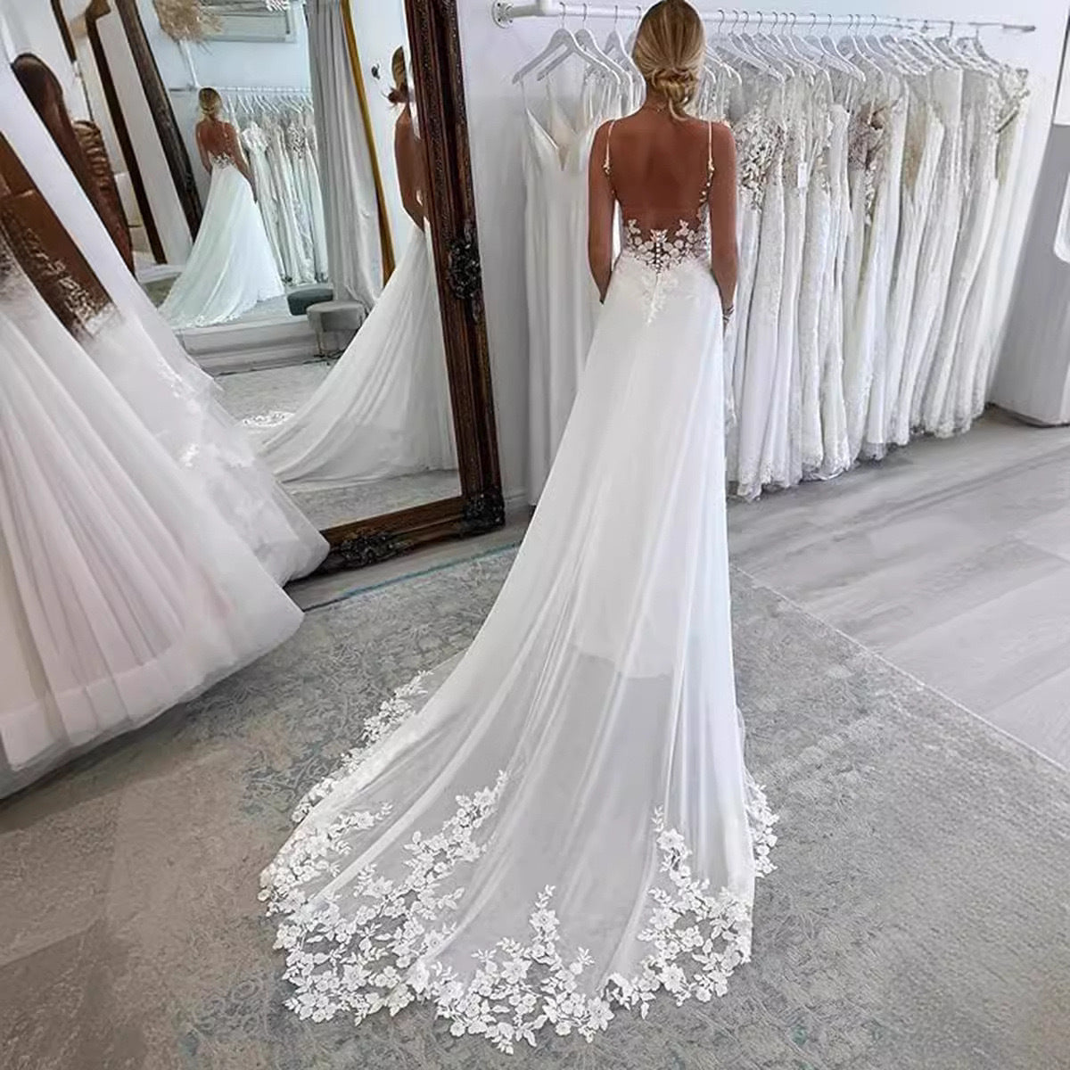 Strap Fishtail Wedding Dress Bridal Slim Satin Lace Dress - Sophinity