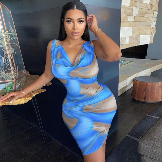 Printed Short Skirt Sleeveless Slim Waistband Hip Dress - Sophinity
