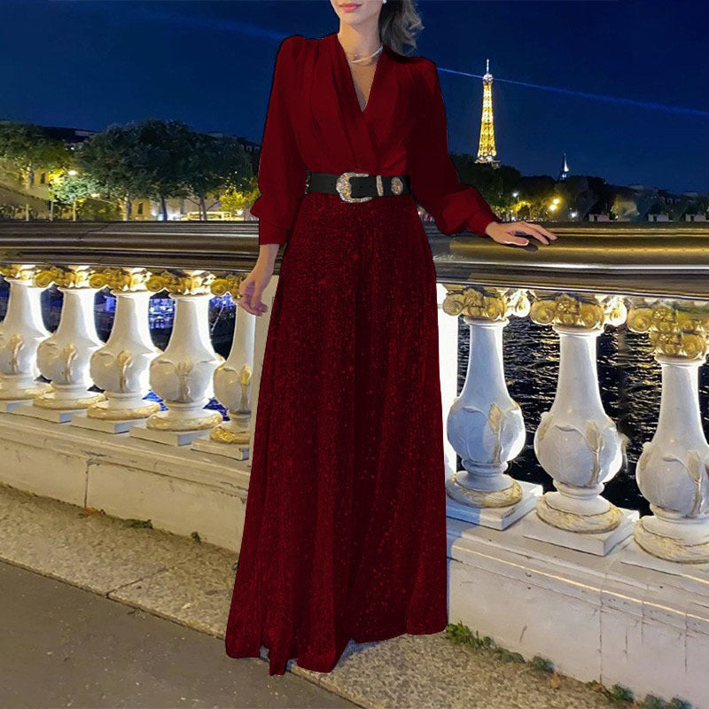 V-neck Elegant Waist Slimming Sequined Ladies - Sophinity