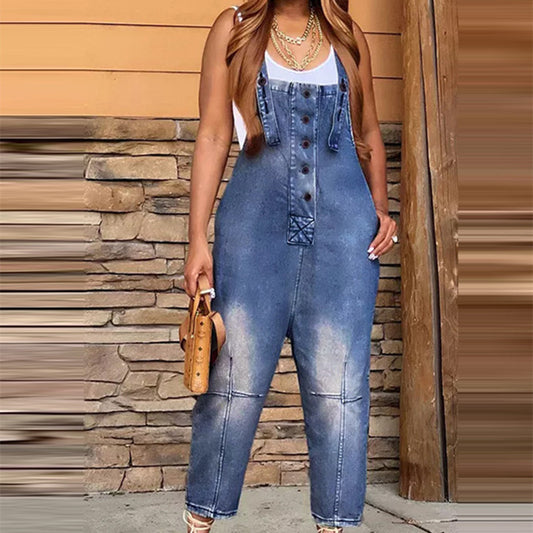 Stylish woman wearing casual fashion jeans overalls with buttons and a relaxed fit for everyday wear