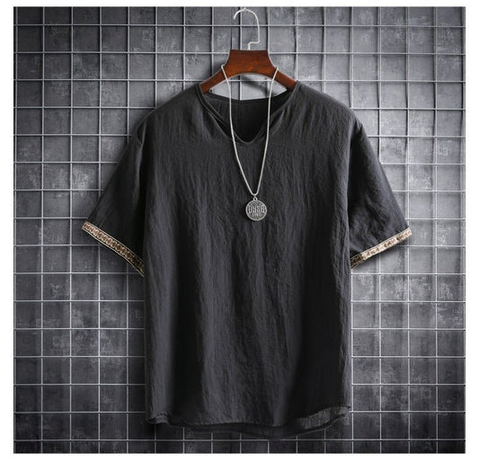 Vintage Linen V - Neck Short Sleeve T-Shirt Running Volume - Sophinity