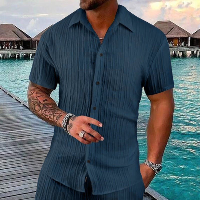 Polo Collar Solid Color Short Sleeve Button Men's Casual Loose Short Sleeves Shirt - Sophinity