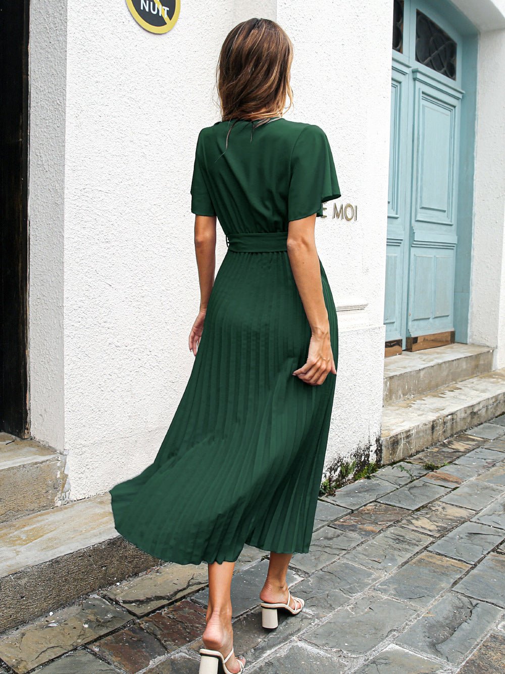 Spring Summer Casual Lotus Leaf Sleeves Lace - up Pleated Chiffon Maxi Dress - Sophinity