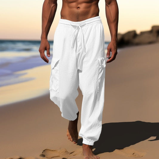 Sports Linen Leisure Trousers Thin Ankle - tied Design Multi - pocket Tether Solid Color Men Loose Cargo Pants - Sophinity