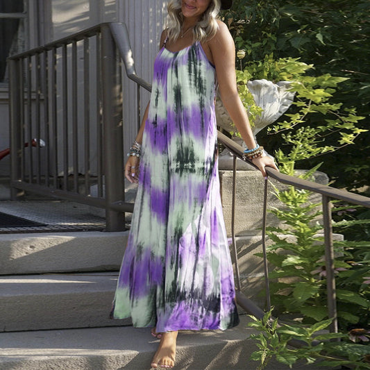 European And American Tie - dye Striped Printing Slip Plus Size Dress - Sophinity
