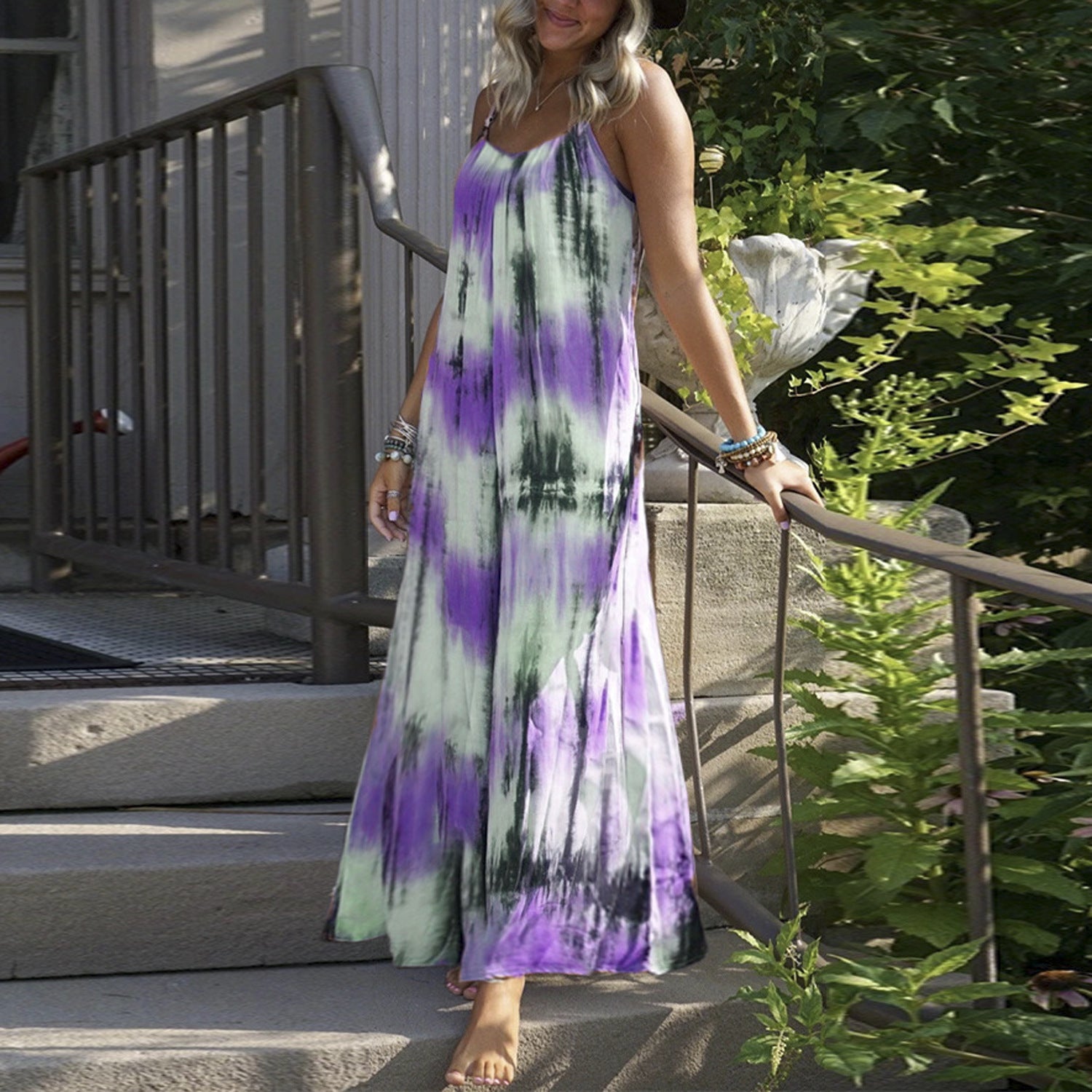 European And American Tie - dye Striped Printing Slip Plus Size Dress - Sophinity