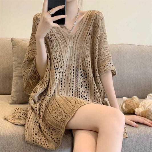 Chic loose smock top in beige with intricate crochet design and relaxed fit for casual summer wear