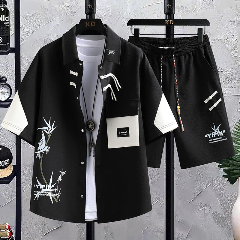 New Chinese Style National Style Suit Men's Summer Short Sleeve Shirt Shorts Wear A Set Of Casual Sports Clothes - Sophinity