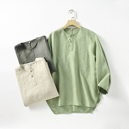 Casual Linen Men's Simple Round Neck 34 Sleeves Linen T-shirt Loose Breathable Top - Sophinity