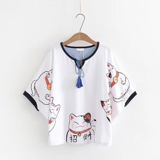 Women Cartoon Lucky Cat Print Japan Style Harajuku T Shirts - Sophinity