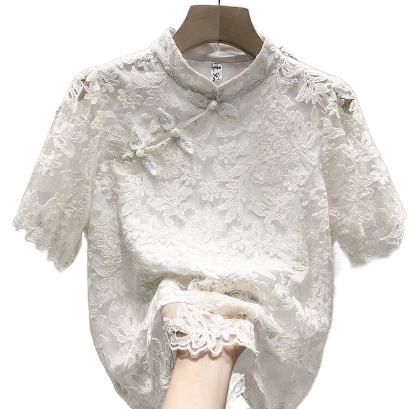 Buckle Chinese Ethnic Style Lace T-shirt Top Shirt