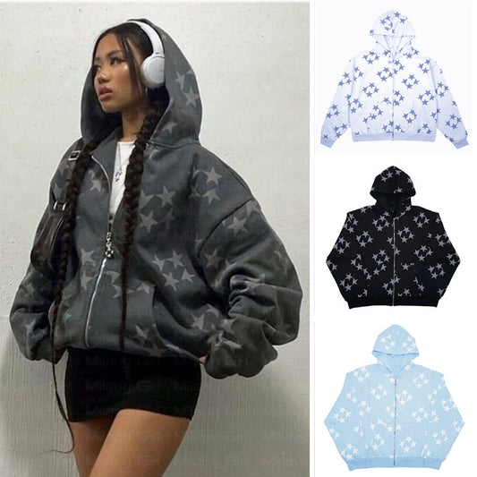 Stars Printed Zipper Hooded Cardigan Couple Fashion Outerwear Hoodies Sweatshirt Street Men Women Coat - Sophinity