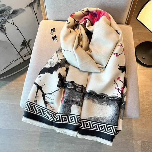 Chinese Aesthetic Ink Painting Shawl Outer Match Autumn And Winter Warm Scarf