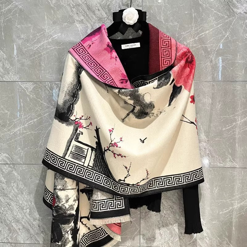 Chinese Aesthetic Ink Painting Shawl Outer Match Autumn And Winter Warm Scarf