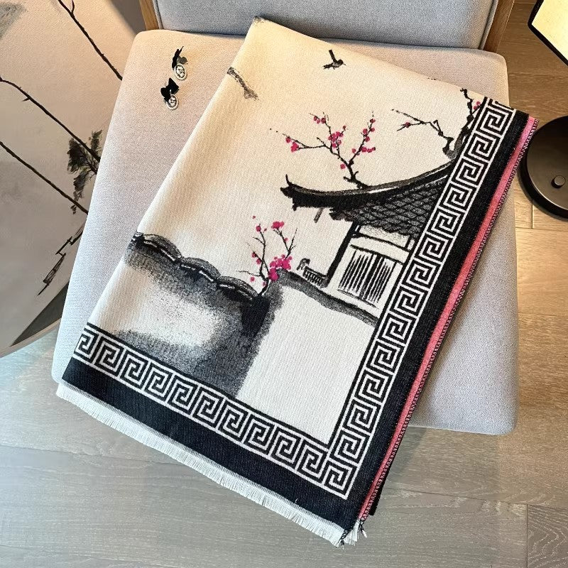 Chinese Aesthetic Ink Painting Shawl Outer Match Autumn And Winter Warm Scarf