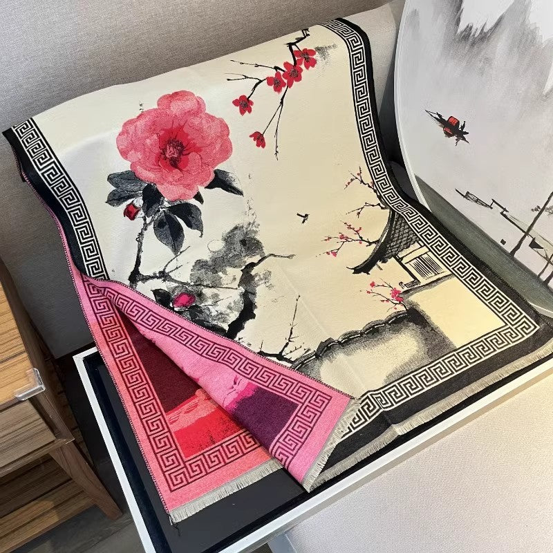 Chinese Aesthetic Ink Painting Shawl Outer Match Autumn And Winter Warm Scarf
