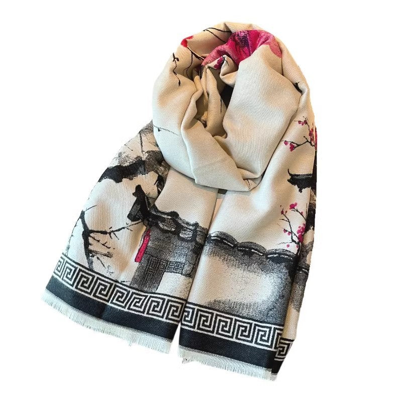 Chinese Aesthetic Ink Painting Shawl Outer Match Autumn And Winter Warm Scarf