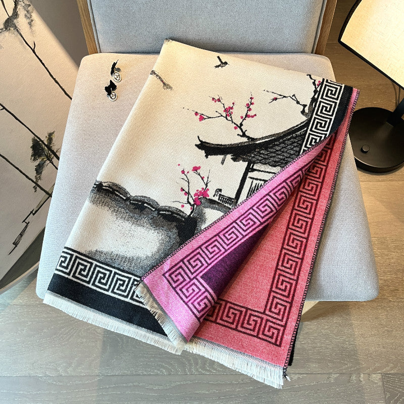 Chinese Aesthetic Ink Painting Shawl Outer Match Autumn And Winter Warm Scarf