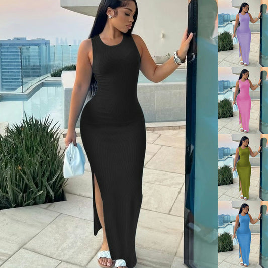 Commute Style Sleeveless Round-neck High Waist Dress - Sophinity