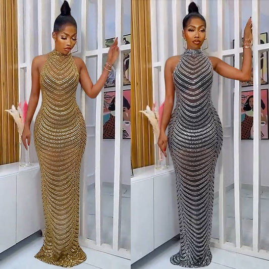 European And American Fashion Backless Nightclub Party Formal Dress Rhinestone See-through Dress For Women - Sophinity
