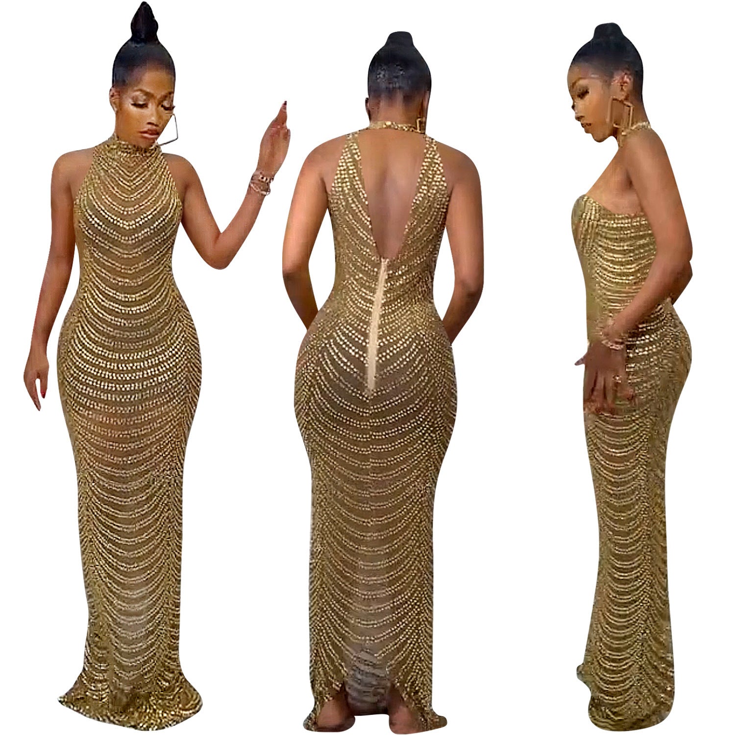 European And American Fashion Backless Nightclub Party Formal Dress Rhinestone See-through Dress For Women - Sophinity