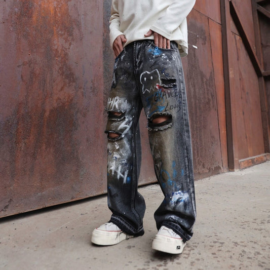 Street Graffiti Ripped Jeans Men And Women Loose Straight Neutral - Sophinity