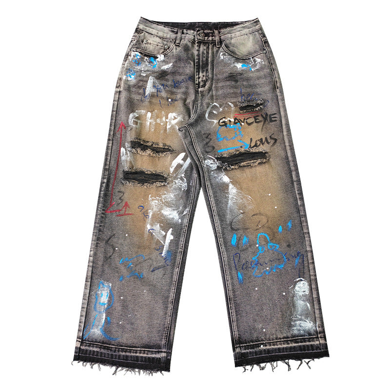Street Graffiti Ripped Jeans Men And Women Loose Straight Neutral - Sophinity
