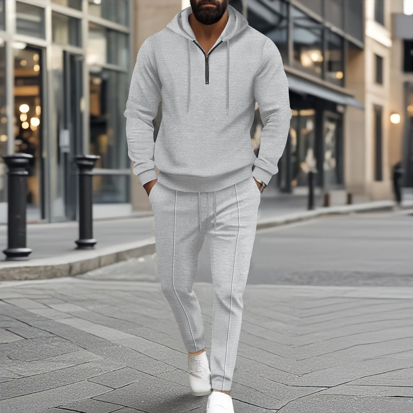 Waffle Hooded Small Zipper Casual Long Sleeve Pants Two-piece Suit - Sophinity