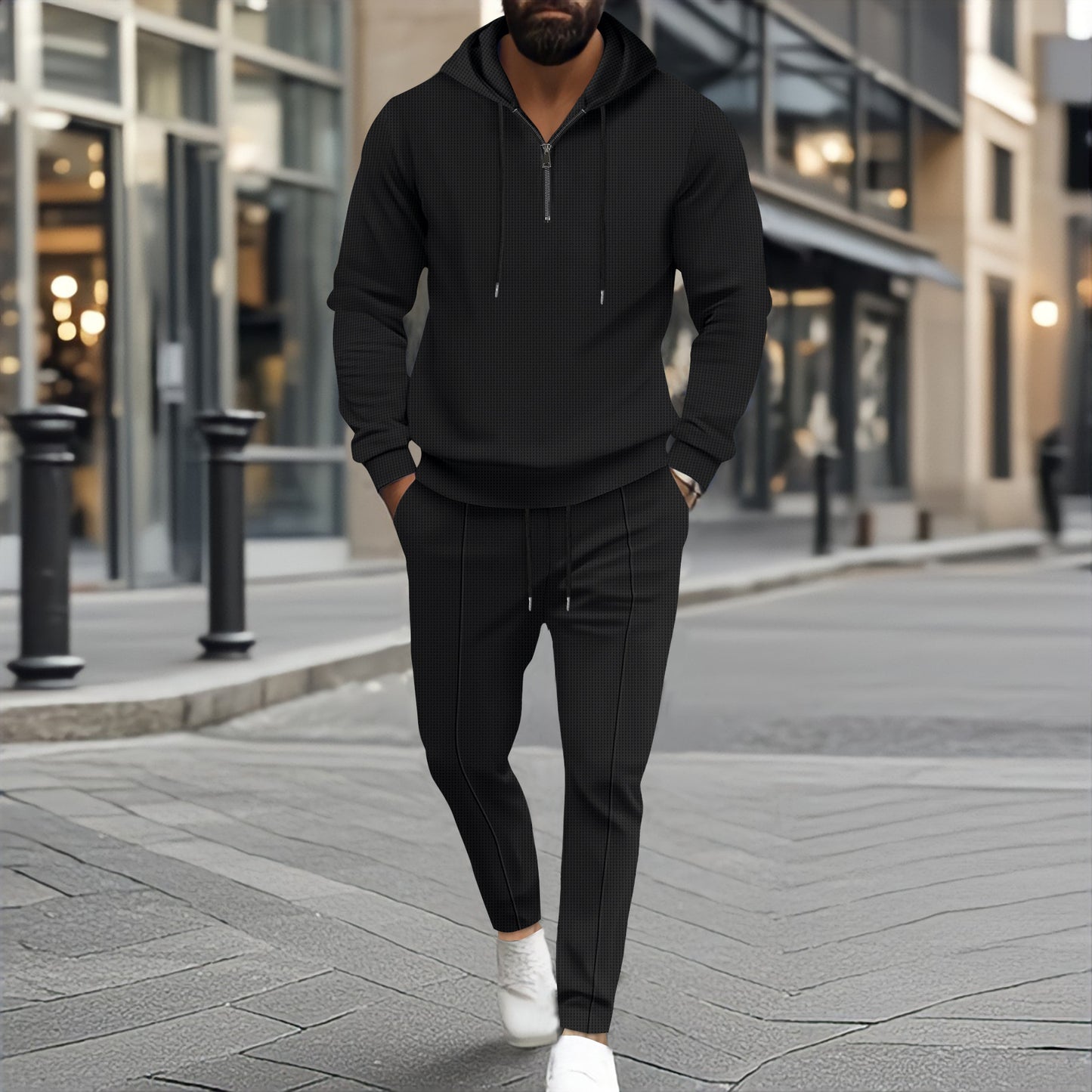 Waffle Hooded Small Zipper Casual Long Sleeve Pants Two-piece Suit - Sophinity