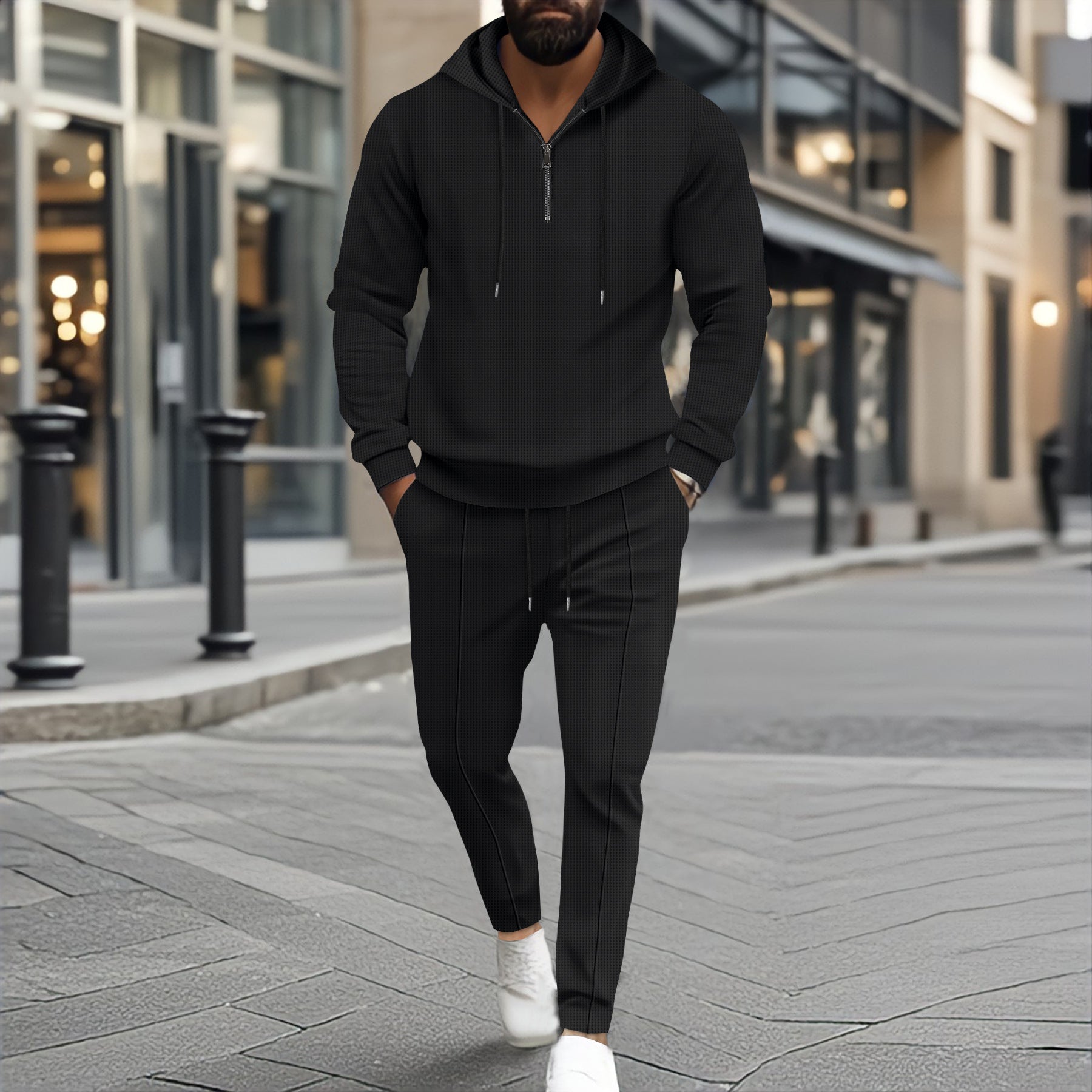 Waffle Hooded Small Zipper Casual Long Sleeve Pants Two-piece Suit - Sophinity