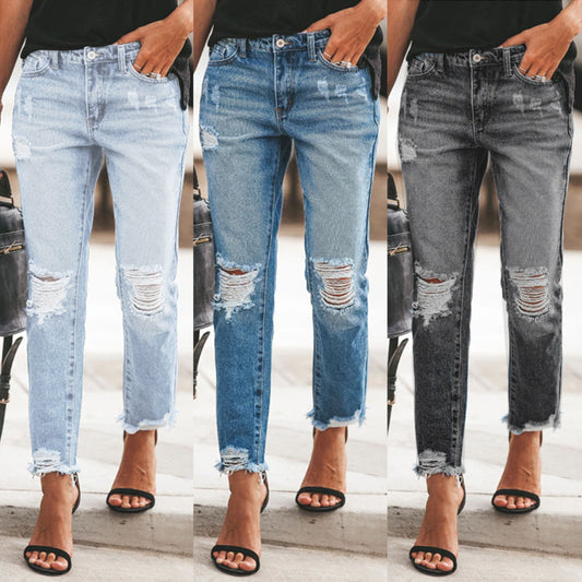 Women's Ripped Non-elastic Retro Fashion Jeans - Sophinity