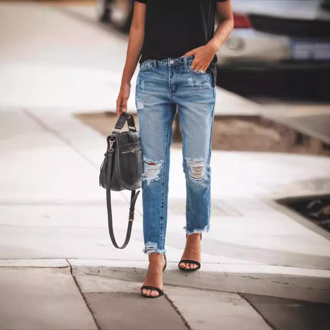 Women's Ripped Non-elastic Retro Fashion Jeans - Sophinity