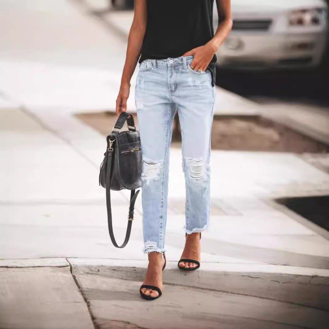 Women's Ripped Non-elastic Retro Fashion Jeans - Sophinity
