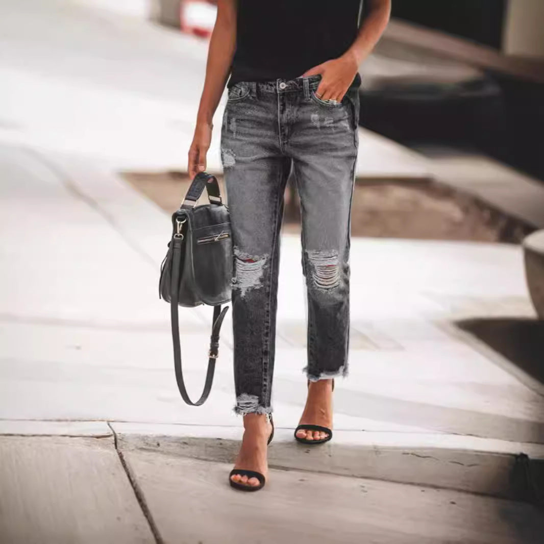 Women's Ripped Non-elastic Retro Fashion Jeans - Sophinity