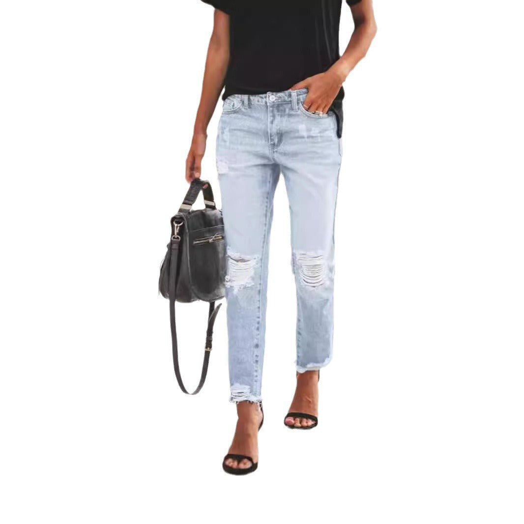 Women's Ripped Non-elastic Retro Fashion Jeans - Sophinity
