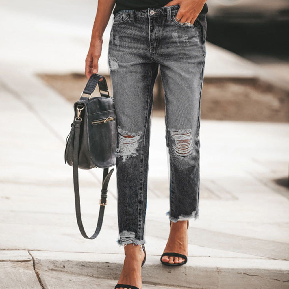 Women's Ripped Non-elastic Retro Fashion Jeans - Sophinity