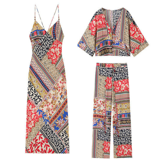 Patchwork Wide Leg Pants Printed Blouse Midi Skirt Dress