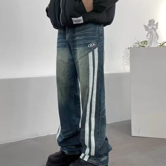 New Jeans Retro Distressed Three Bars Straight Men - Sophinity