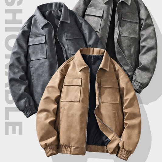 3D Stereo American Retro Hip Hop PU Leather Polo Collar Jacket - Sophinity