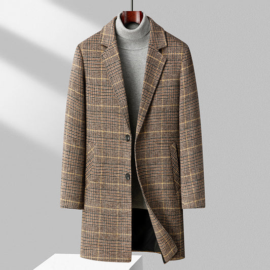 Autumn And Winter Woolen Coat Men's Mid-length Business Casual Plaid Cotton And Thickening Woolen Coat - Sophinity