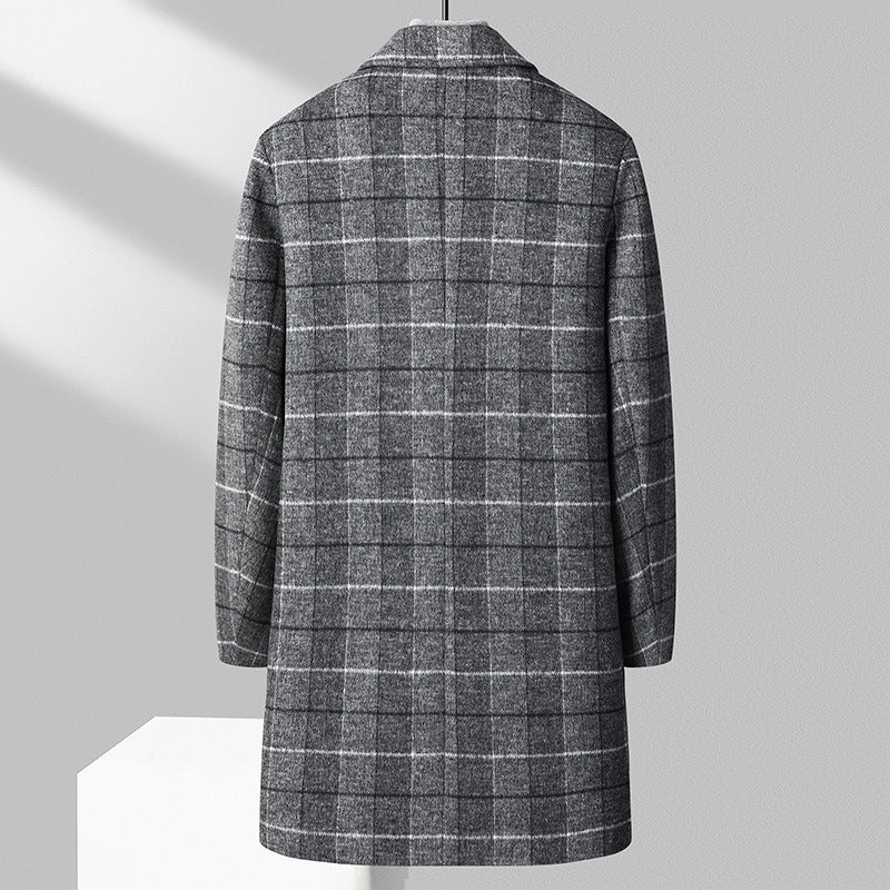 Autumn And Winter Woolen Coat Men's Mid-length Business Casual Plaid Cotton And Thickening Woolen Coat - Sophinity