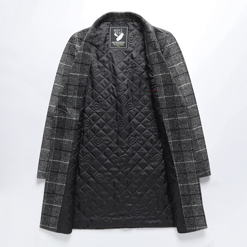 Autumn And Winter Woolen Coat Men's Mid-length Business Casual Plaid Cotton And Thickening Woolen Coat - Sophinity