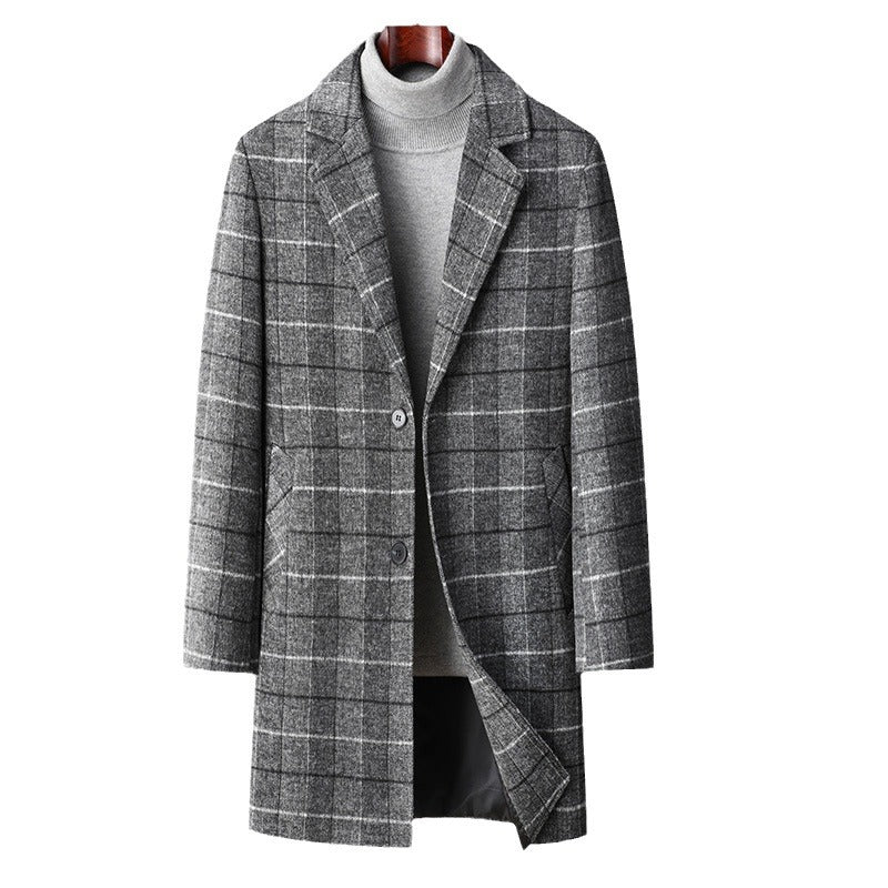 Autumn And Winter Woolen Coat Men's Mid-length Business Casual Plaid Cotton And Thickening Woolen Coat - Sophinity
