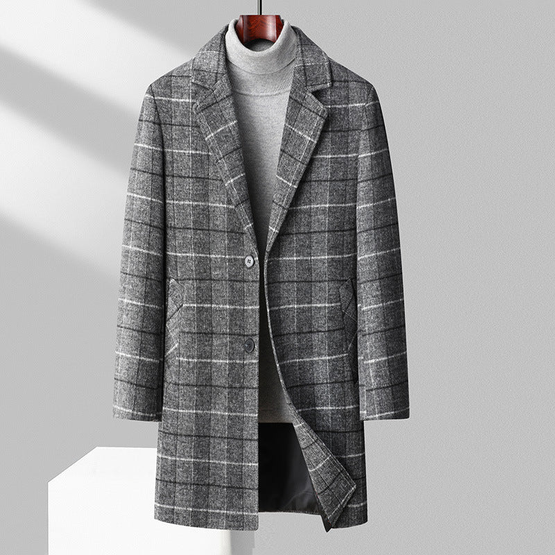 Autumn And Winter Woolen Coat Men's Mid-length Business Casual Plaid Cotton And Thickening Woolen Coat - Sophinity